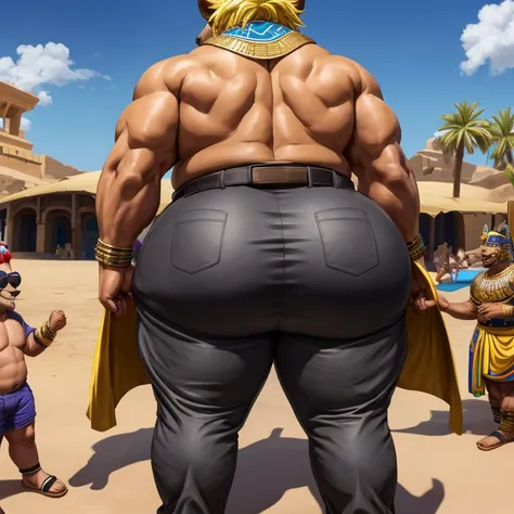 Hyena man with short yellow hair, (Hyena head with a male body ), He's fat   , shirtless,  Pharaoh dress with tight pants with a comically massive and gigantic butt that is round, gordo, and juicy    .  It is as if his buttocks are inflated like two balloo...