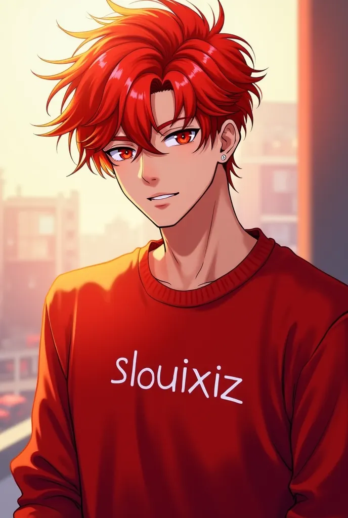 The most handsome anime boy in the world who has red hair and a red sweater with Slouixiz written on it 