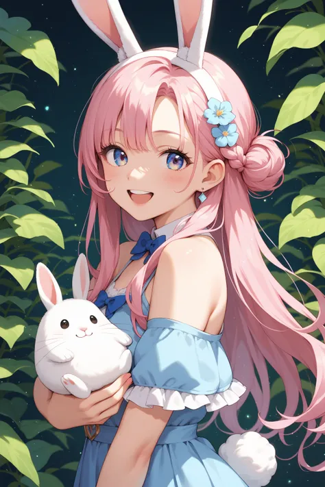  anime style, woman with ears and rabbit tail, With rabbit tail, Have bunny ears,  Girl Design , times, Portrait, Gisha,  Anime Illustration , long hair, pink hair, Hair over the ears, happy, Cartoon closeup of a , exotic, cartoon close-up of a tall high-r...