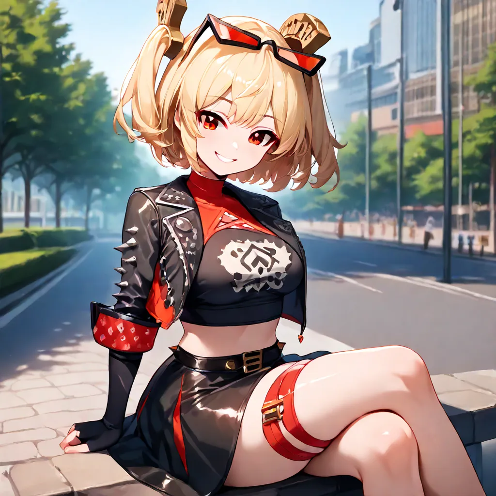 masterpiece,the best quality,amazing quality,burnicezzz    , blond hair, red eyes,short hair,  two sides up,  hair ornament,  glasses on the head,  a girl, Alone ,  exterior, street,cowboy shot, Looking at the spectator, negro,   cropped jacket  ,  long sl...