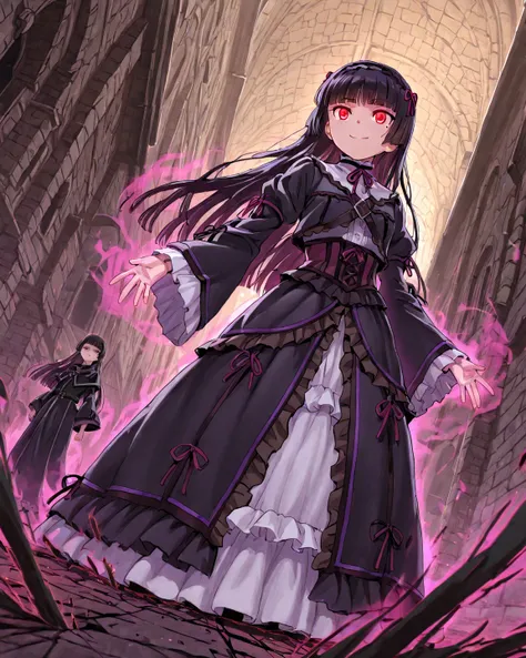  1 girl, Alone, ruri gokou, hime cut, long hair, mole,  black hair,  Princess cut, red eyes, gothic lolita, dress, Hairband 
 BREAK
dark heroine, (Landing), Shadow Aura,  black robe , Eyes glowing red, Cracks in the ground , Mysterious Smile,  low angle,  ...