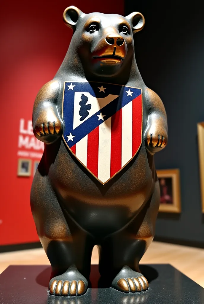 Atletico Madrid badge engraved on a bronze bear statue, cubist sculpture style inspired by Picasso, stark red-and-white contrasts, fragmented angular shapes, museum gallery lighting, vertical smartphone frame.