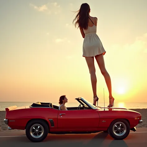 The scene is set on a warm summer evening, the sky painted in hues of orange and pink as the sun sets. In the foreground is a long, red muscle car convertible, its top down, basking in the golden light. The camera uses a wide-angle lens to capture the enti...