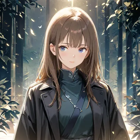 Anime woman, short brown hair, dark blue eyes, black Chokha coat, Cherkeska coat