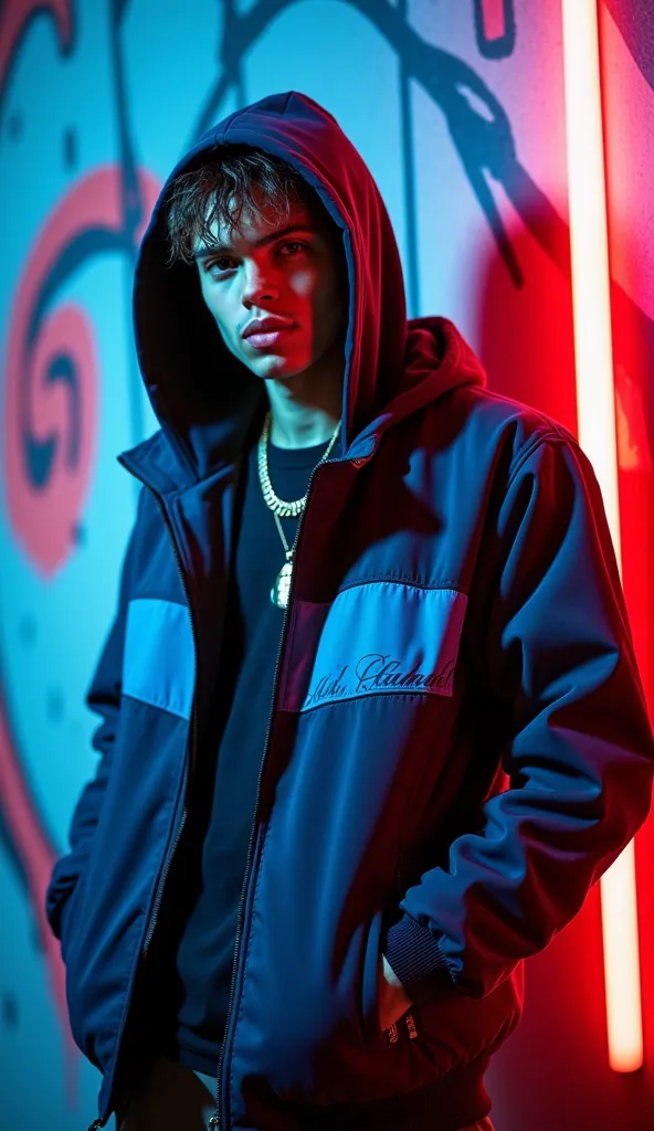 A young, confident rapper with a hooded jacket, exuding style and energy. He stands with a relaxed but powerful stance, his face partially hidden under the hood, adding to his mysterious vibe. His jacket features a sleek mix of blue and red tones, with urb...