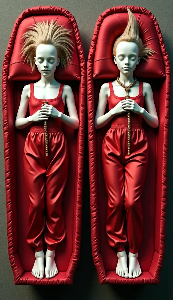 Two dead  blinde  girls   very long Mohawk eyes closed mouth closed hands folded on chest holding rosary dressed in diffrent satin shiny  long pants satin  shiny tank top barefeet lying in satin coffins side by side head on sarin pillow full top view phoro...