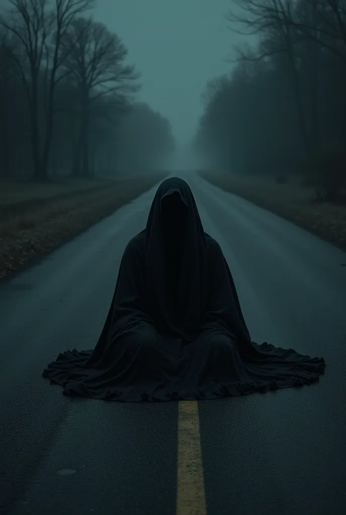 Human lump covered with a black cloth on a road in the dark of the night