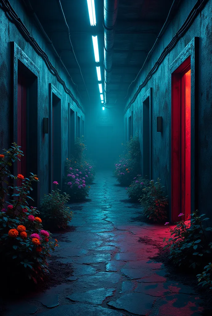 dark clandestine cellar with several doors, dark walls neon lights and colorful flowers