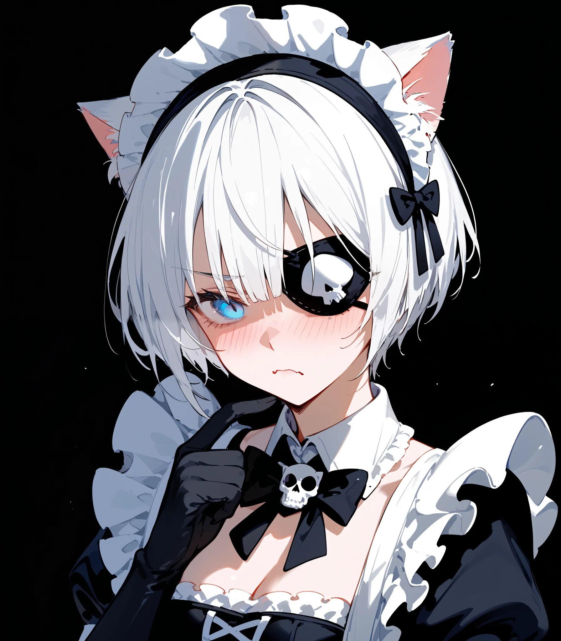  girl, white hair, short hair , in blue eyes,Maid outfit,Cat ears,medium chest, Black miniskirt , White Skull Mask,eyes patch ตาขวา, black eye border,,Wearing black gloves ,Fierce face,black background,cute,student, in the empty eye,sulk,shy, in the form o...