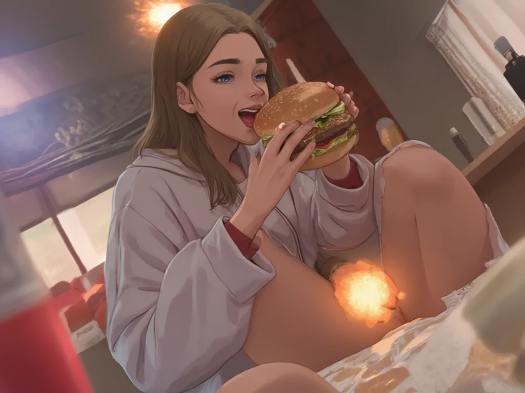 Girl eating hamburger with bare buttocks