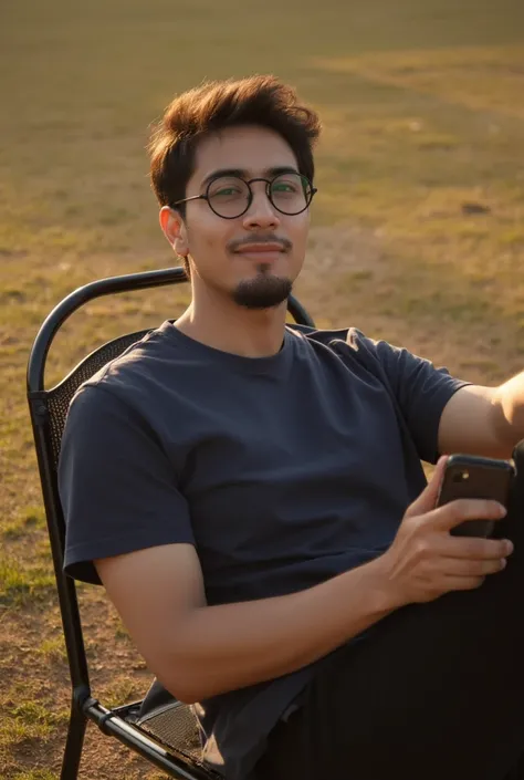 A stylish young morocan 20 yeras old man with a relaxed posture, with a square shape face, short dark brown hair, dark brown eyes,  looking away to the right, with goatee, wearing black round glasses, smiling, reclining on a black metal chair in an outdoor...