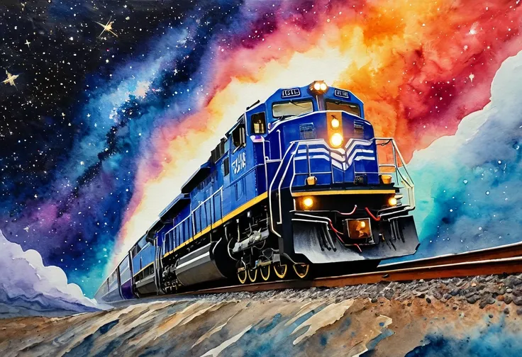 rough touch watercolor painting, impasto, galaxy locomotive, floating in space