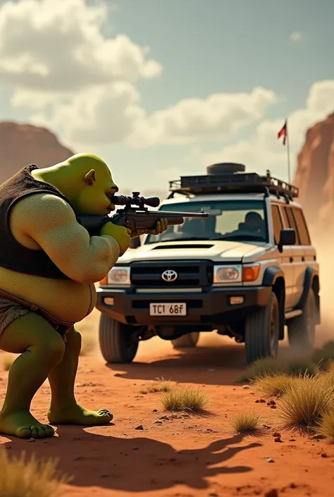 Shrek with a sniper rifle shoots at a Toyota Land Cruiser 300 gas tank in Australia and it explodes