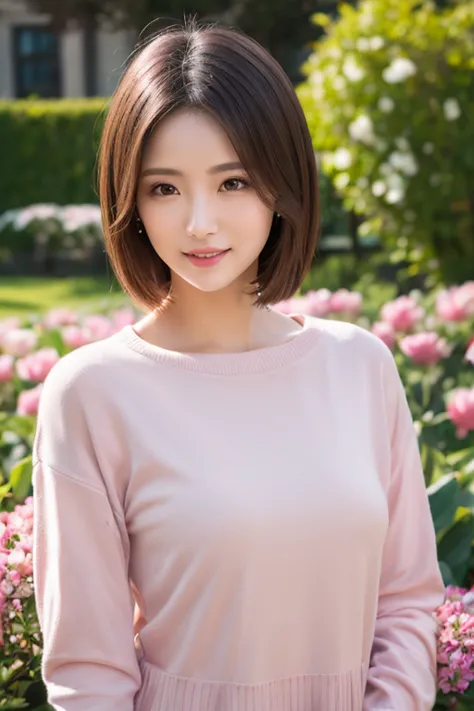 1 woman,Age 30、  Proof Photo、High Resolution, looks at one woman, Highest quality, smiles, front、Spring Clothes、Light Pink、 Long Sleeve、 Long Tee、close your mouth, ,Short hair without accessories, 