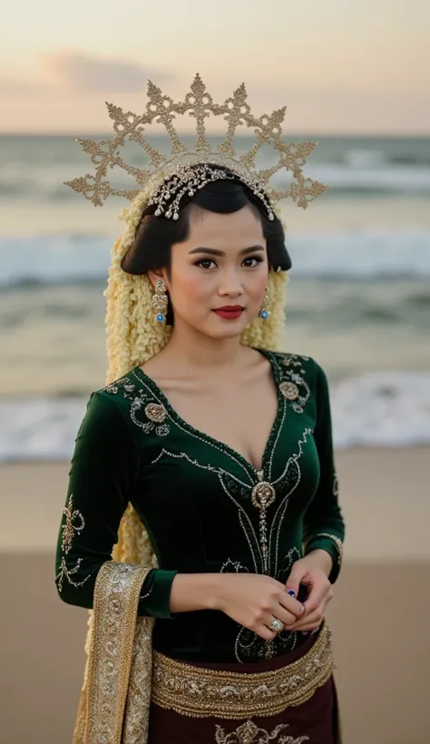 shot with Nikon D70, indonesian lady 18 years old, brown skin, pale face, wear traditional crown, natural, no make up, detailed on face, visible breastline, wear velvet green kebaya v neck, very tight dress, batik brown skirt, wear dark green long scarf sh...