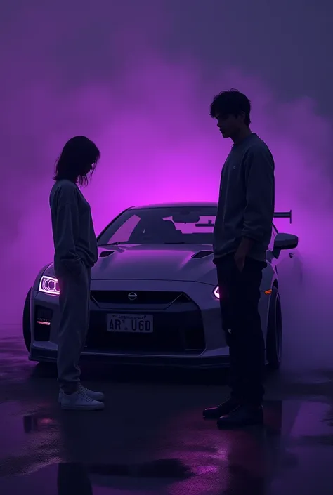 generate a dark purple nissan skyline in the dark with a girl in a sweatshirt and sweatpants standing sideways, facing a taller boy with black hair 