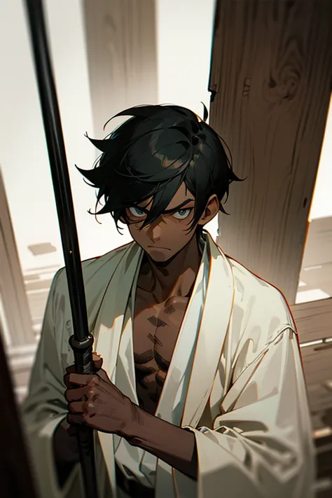 A man with a thin body, dark skin, black hair, a white cloth on the eyes, a piece of wood that he uses as a cane, dirty rags and rags,  A serious face  