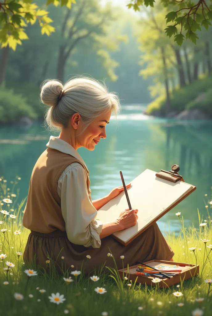 A sweet little lady drawing some pictures beside a river 