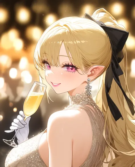 
( 1 young woman), elegant cream-colored dress with sequins, long white gloves,  long silver earrings ,  long blonde hair , blonde hair fastened in a high ponytail with a black ribbon,  Pink Eyes, Pink eyeliner,  pink lips, pale skin,  drinking a glass of ...