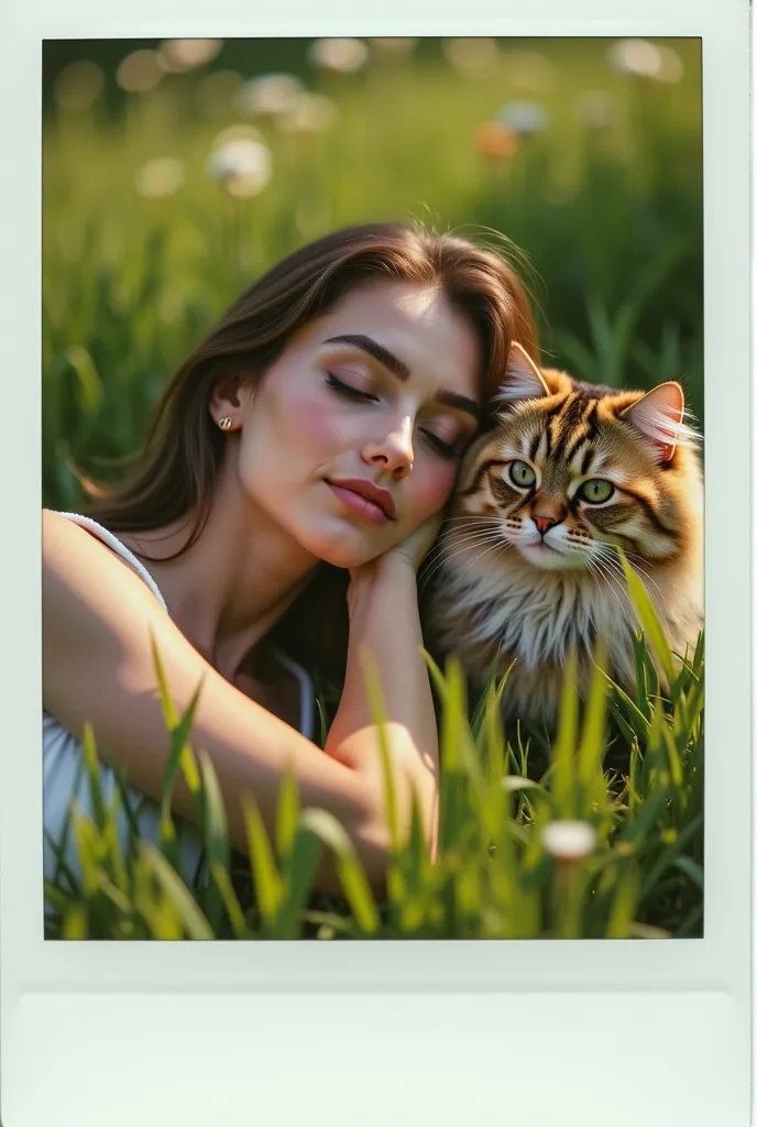 A SELFIE in the form of a Polaroid photo (Polaroid borders). a beautiful  lying on the grass with a beautiful Persian cat. 8k,  realism. summer
