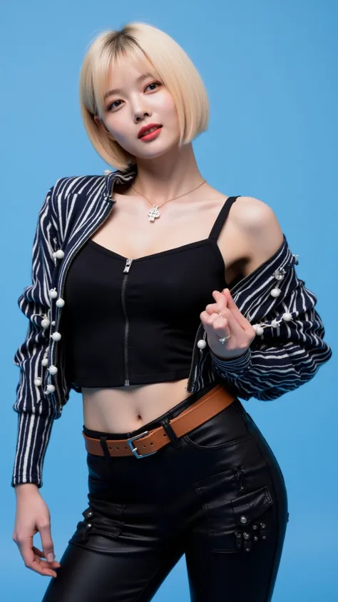 Pictorial Debut Girl Group , Tight black leather pants with pockets and zippers,  blue background , White decorations, short hair, brown belt, leather pants, black leather bodysuit, Blonde, The zipper on the striped leather jacket is locked, cleavage,  aud...