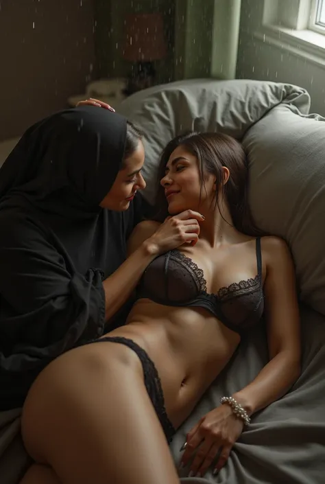 beautiful hijab lesbian girl laying down,wearing bra and panties,pussy licking ,breast grope,view from far,,raining,look to the viewer , erotic ,nsfw, 