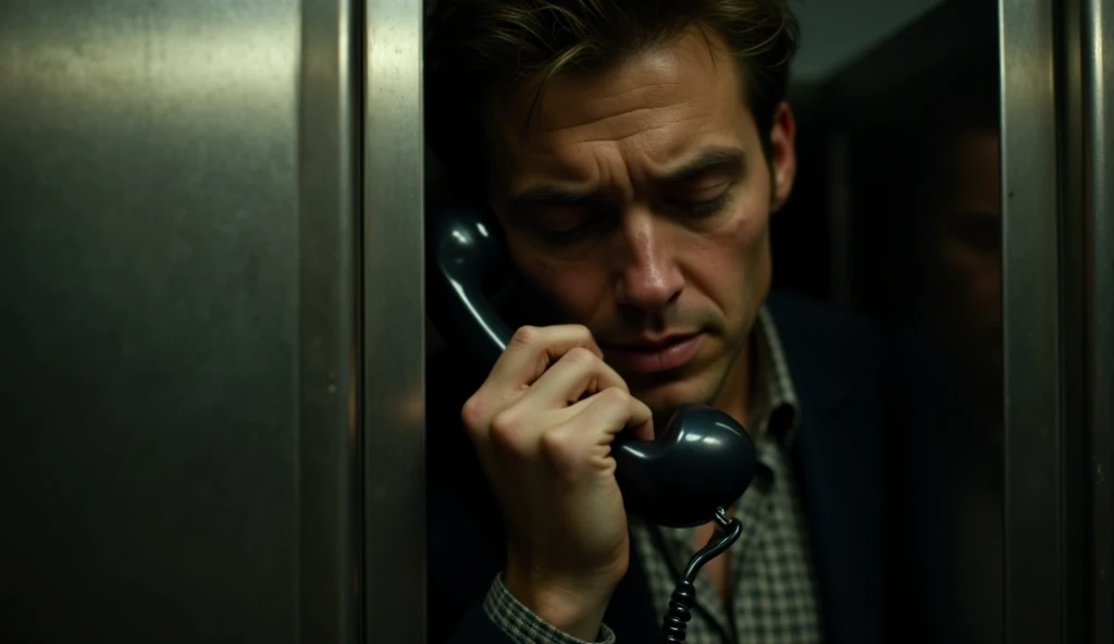 A payphone. Cold metal against his ear. The line rings. His heart pounds. Then, a voice—familiar but distant. His throat tightens. “It’s me… James.” Silence. Then a sharp inhale from the other side. This is the hardest call he’s ever made. Capture the mood...