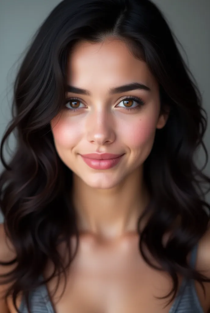 create a photographic portrait for professional use of a young white woman with wavy black hair, face,  serene expression,  fair skin, brown eyes, PINK LIPS, facial features detail, pose natural,  soft blurred background , Studio lighting, high resolution,...