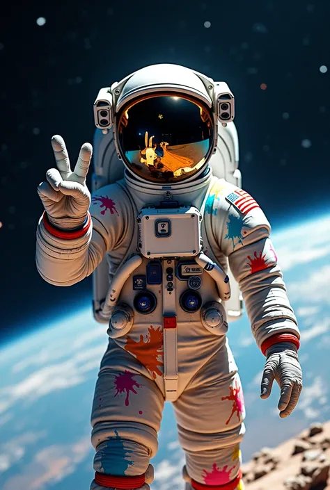 Dtf Image of an astronaut on a spacewalk, the paint stained suit making the love and peace sign with one hand 4k,8K, high resolution HD, drawing design, hyperrealistic 