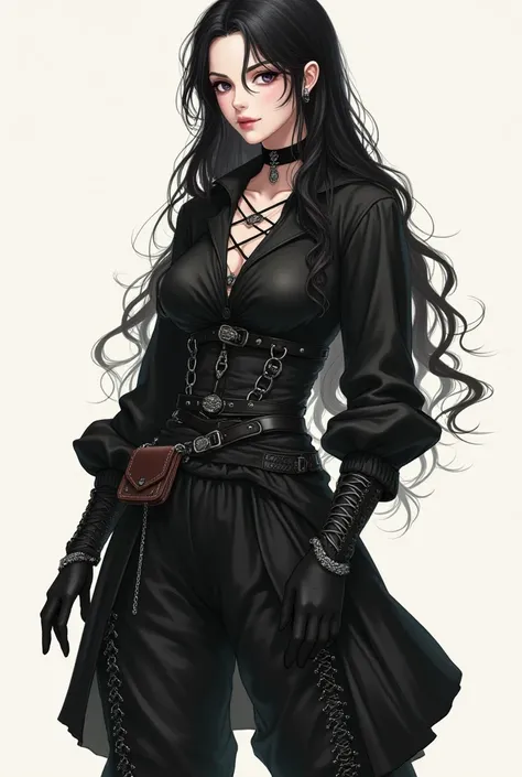 The costume has a gothic-fantastic style with elegant details and mysterious. It consists of a crossed black blouse with long and slightly puffed sleeves, fitted at the waist with a belt decorated with chains and small pendants. . The lower part includes w...