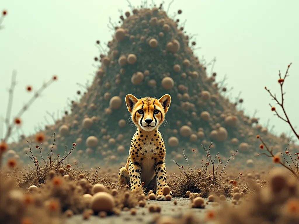 Give a picture of a cheetah cub with a mountain of parasites and germs on it