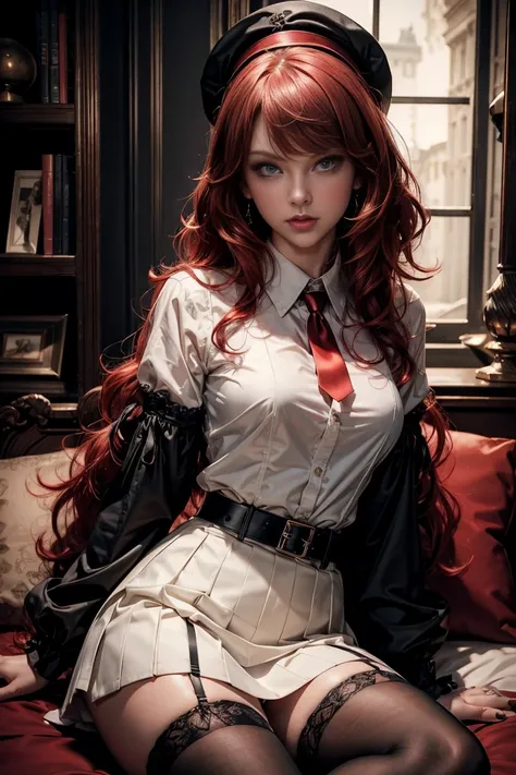 Taylor Swift, red hair, black stockings, Gothic Lolita、realistic, High resolution, soft light,1 female, alone, hip up, glowing skin, (detailed face),tattoo, jewelry, Secretarial Uniform, white shirt, black skirt, black stockings, garter belt, night, red ha...