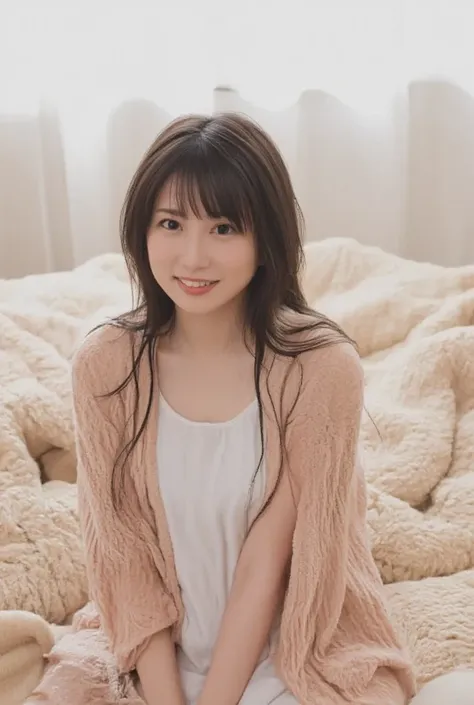  An amateur took a selfie on Instagram . A woman in cute loungewear is、surrounded by cushions in the student room,   without makeup,   playful smile  . she has long brown hair and bangs