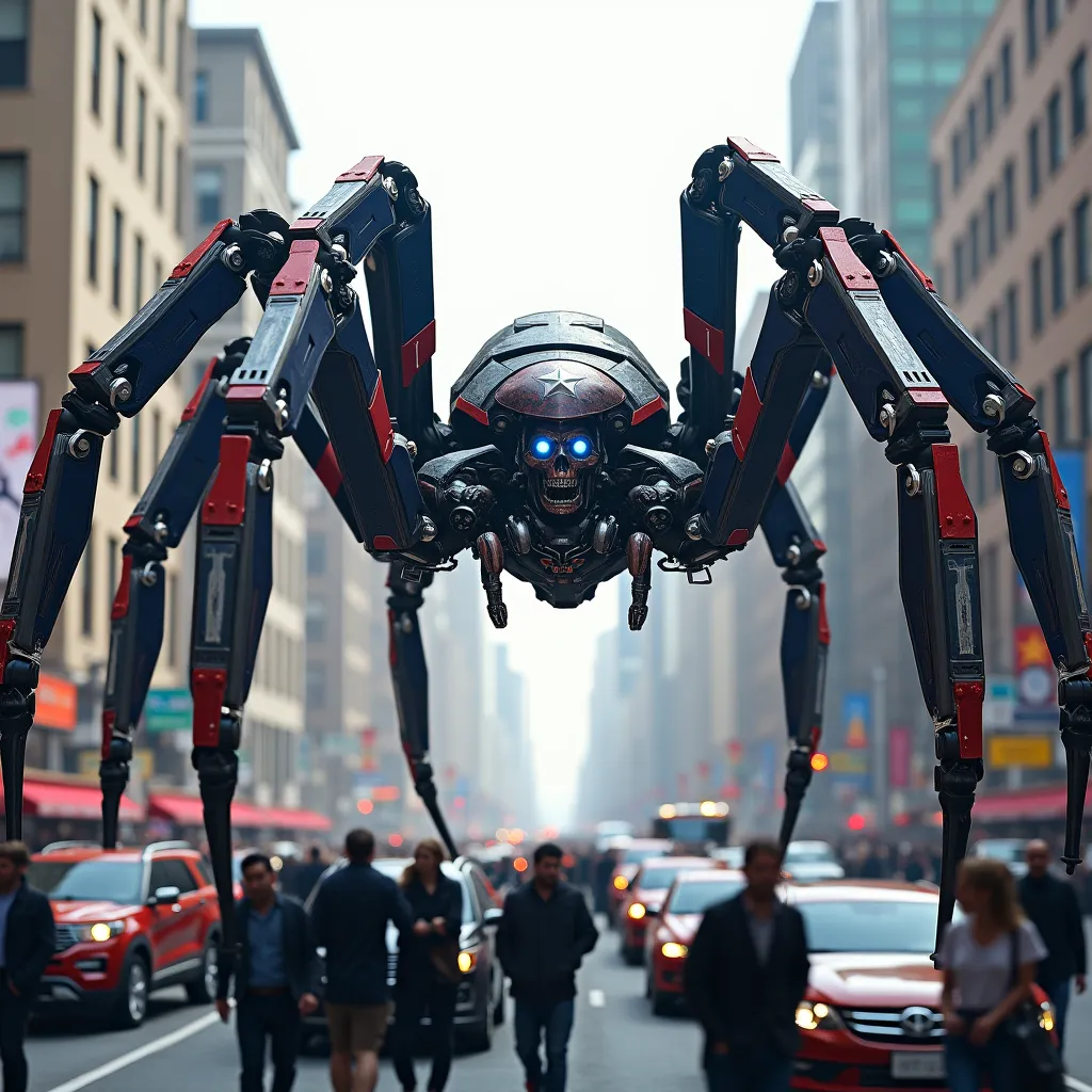 Make image realstic A real Giant Robot Spider with Captain America's Blue,Red and White color costume design. Natural Spider animal style. traffic jam In the City and many people walking in the road