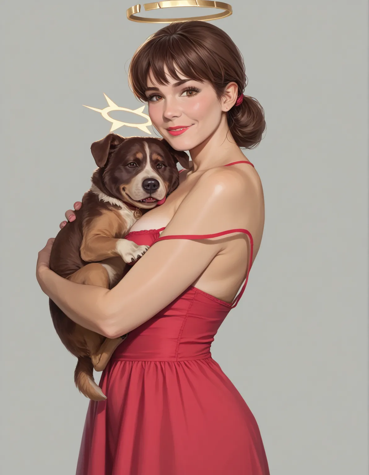 lianecartman, brown hair, 1girl, mature female, realistic art, halo, spaghetti strap slip dress, looking at her pet, bright aesthetic, hugging an dog-bear hybrid creature, holding an dog-bear hybrid creature, love, pleasant, 