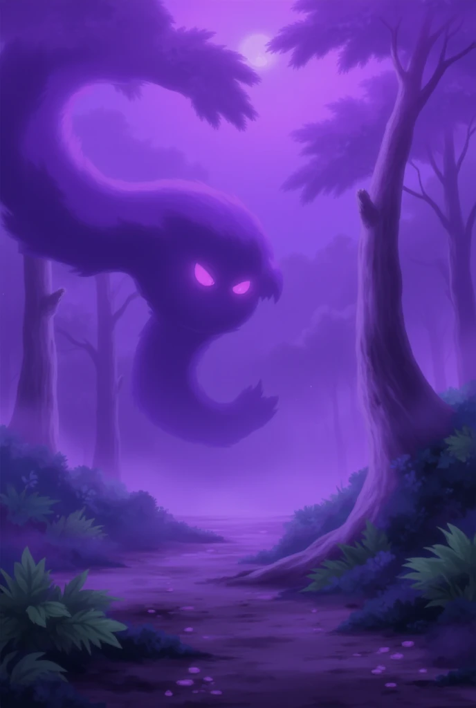 Purple fog, pokemon style, without any characters, related to curse. Horror theme, but cartoonish, no trees, no background, just a purple smoke