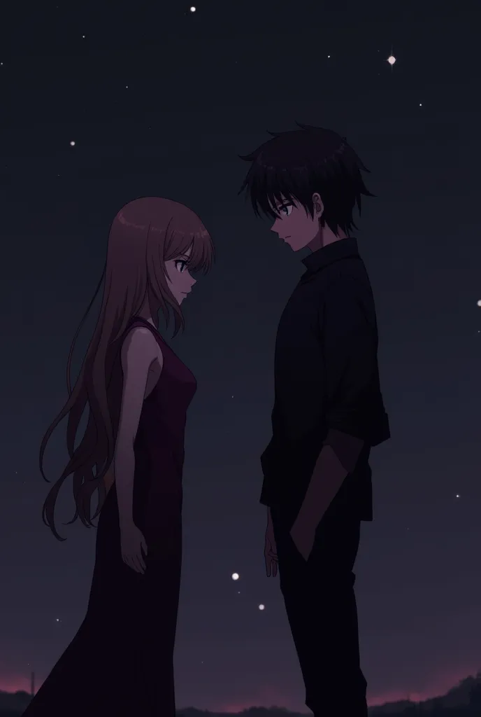 generate a dark purple nissan skyline in the dark with a girl with long, brown hair in a long, dark, tight dress, standing sideways, facing a taller boy with black hair and a black shirt, so that their faces cannot be seen