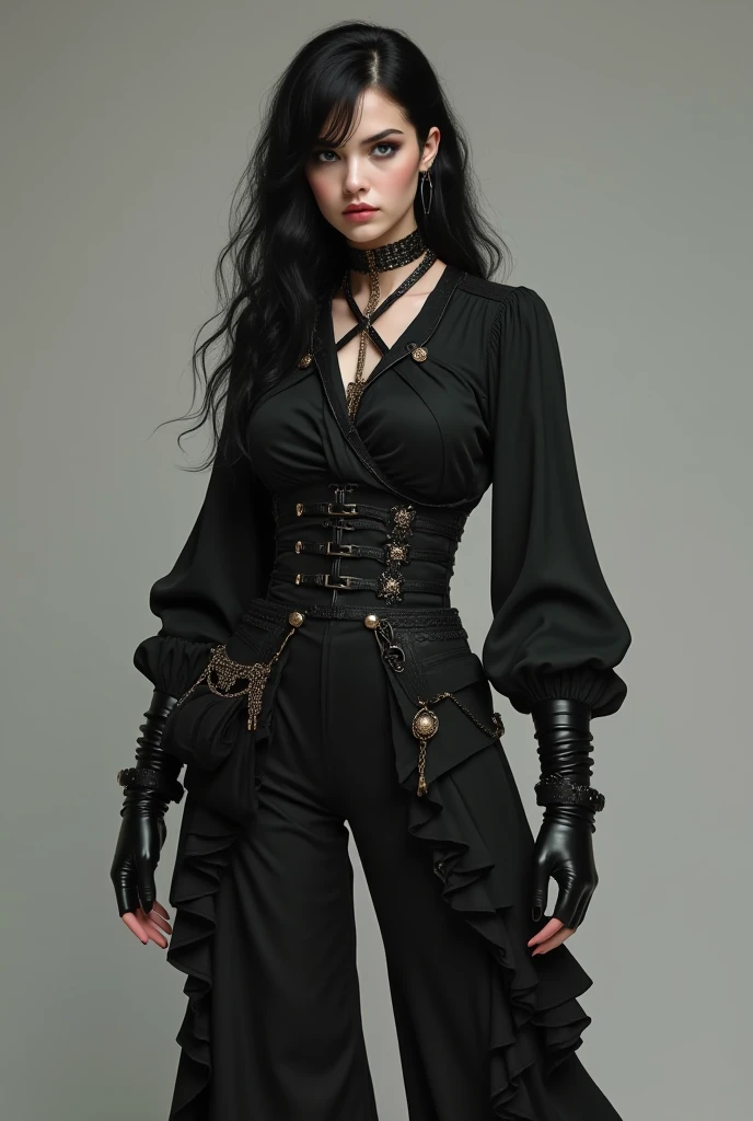 The costume has a gothic-fantastic style with elegant details and mysterious. It consists of a crossed black blouse with long and slightly puffed sleeves, fitted at the waist with a belt decorated with chains and small pendants. . The lower part includes w...