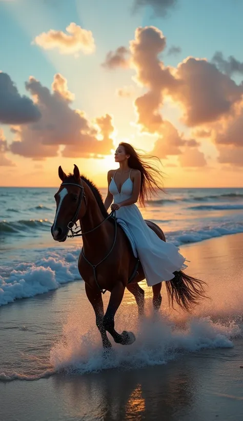 Feminine horse rider ln the beach 
Beautiful sunset blue ocean waves beach
Feminine rider with white dress long dark hair riding fast along the beach 
evening hyperdetailled atmosphere 
Beautiful sunset blue clouds 