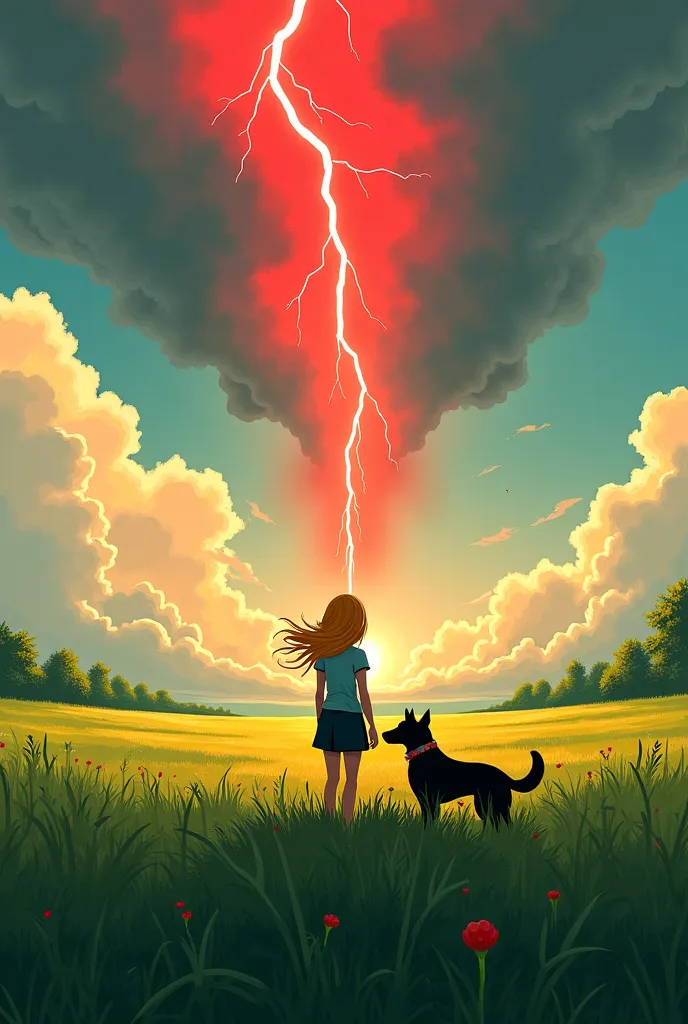 The world a thousand years after the destruction, A red lightning bolt flying and inside a dog and a young blonde girl. And down green fields without trees at noon