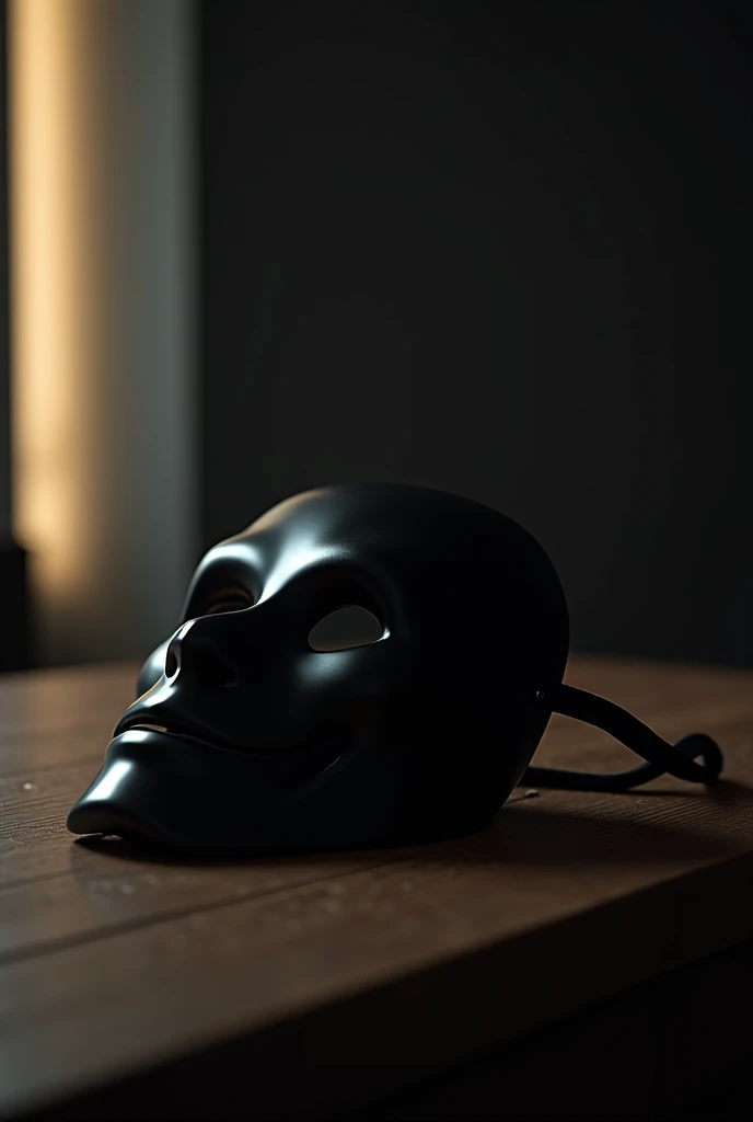 Make me a black mask on a table with a slightly open door letting a light shine through 