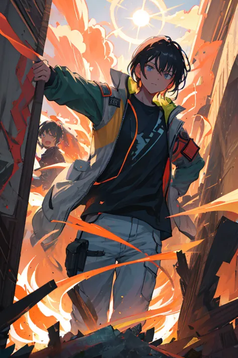 A young warrior with spiky black hair is in the midst of an intense battle. He wears a red tactical vest over a long-sleeved black shirt. His face shows an expression of shock and determination as he dodges a devastating attack. His body is leaning backwar...