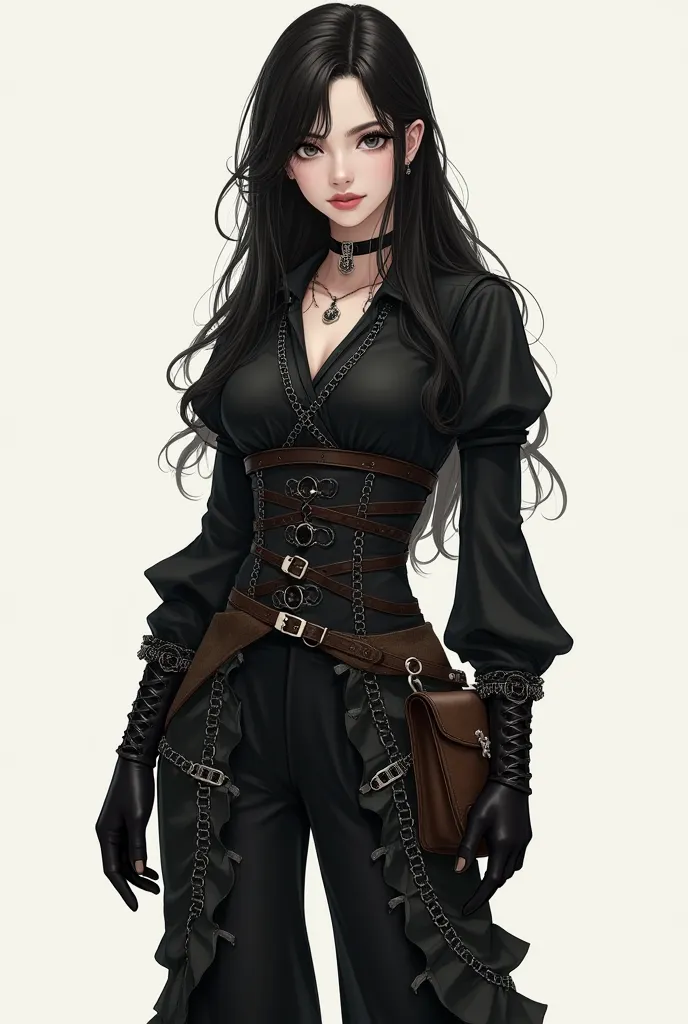 The costume has a gothic-fantastic style with elegant details and mysterious. It consists of a crossed black blouse with long and slightly puffed sleeves, fitted at the waist with a belt decorated with chains and small pendants. . The lower part includes w...