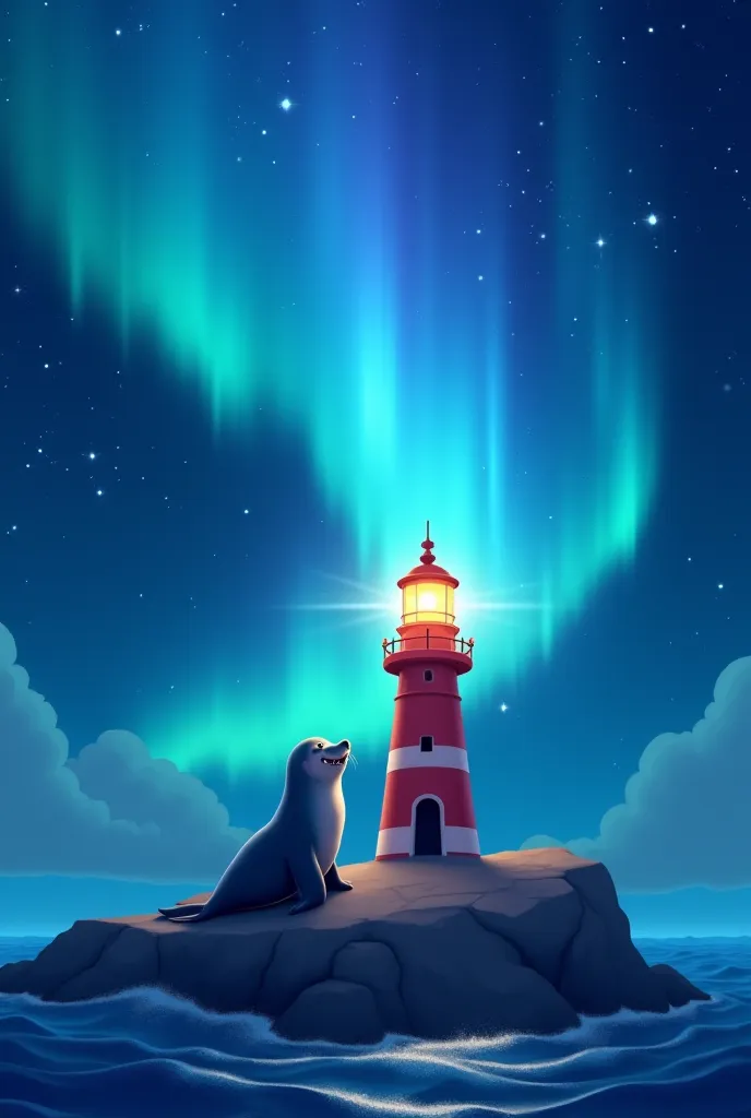 A lighthouse keeper (a cheerful seal) beams swirling aurora light from the tower to guide lost whales home. The light mixes with the stars, creating a glittering path on the ocean. In 4k  in cartoon style 