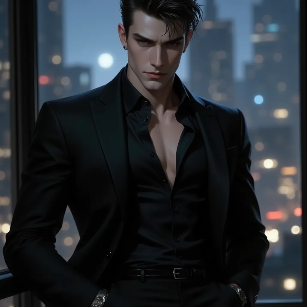 A dominant and refined man in his late 30s, with a tall, athletic frame and a confident stance. His sharp facial structure, strong jawline, and piercing eyes give him an air of both danger and allure. He is dressed in a tailored black three-piece suit, wit...