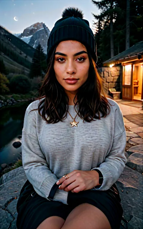 photorealistic, best quality, hyper detailed, beautiful arab woman, selfie photo, upper body, solo, wearing pullover, outdoors, (night), mountains, real life nature, stars, moon, (cheerful, happy), sleeping bag, gloves, sweater, beanie, flashlight, forest,...