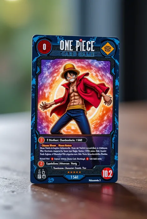 “A collectible trading card in the style of the One Piece Card Game, with an official and highly detailed design. At the center, a dynamic illustration of a One Piece character in an epic pose, with vibrant colors and a stunning holo foil effect. The card ...