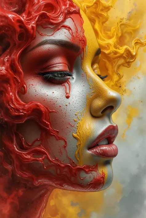 photorealistic, hyper detailed female face of smoke and red, yellow, and silver color. Added in a style reference, a composition reference, Hyper realistic, splash images, splattering, Fauvism, Geometric, Marble. 