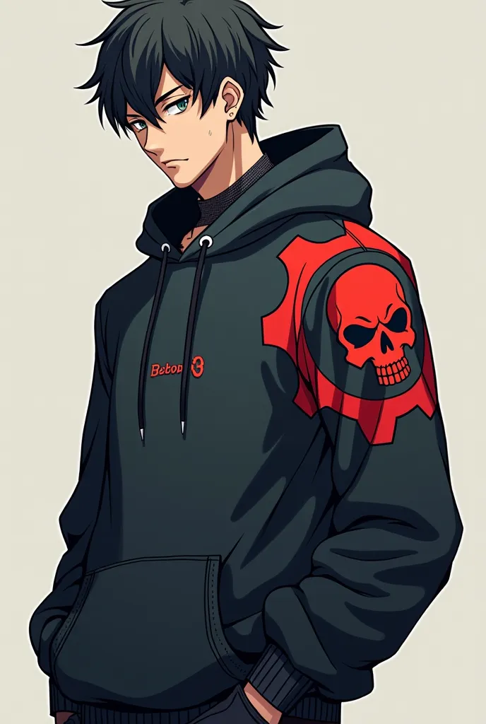 Create a male anime-style robot that likes video games, Let him wear a sweatshirt ( with the Gears Of War 3 skull logo on the right shoulder as if it were a patch), based on the reference photo in front of it that has a logo with the word "Bebop" ( the ima...