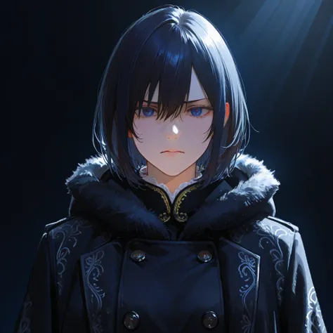 Russian Cossaxk anime woman, short dark hair, dark blue eyes, black robe, black chokha coat, black Cherkeska coat, snowy flat background